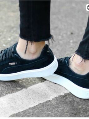 Puma Black Suede Low-Top Sneakers with White Platform Sole
